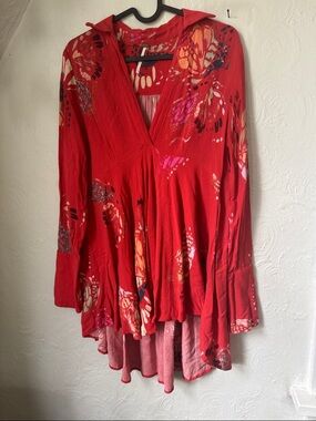 Free People Red butterfly printed V-Neck Long Sleeve Blouse